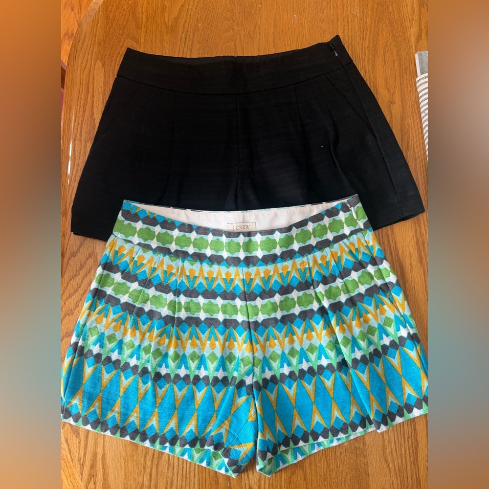 J Crew Womens Size 00 Linen Blend Pleated Paper bag Style Shorts Geometric & Blk